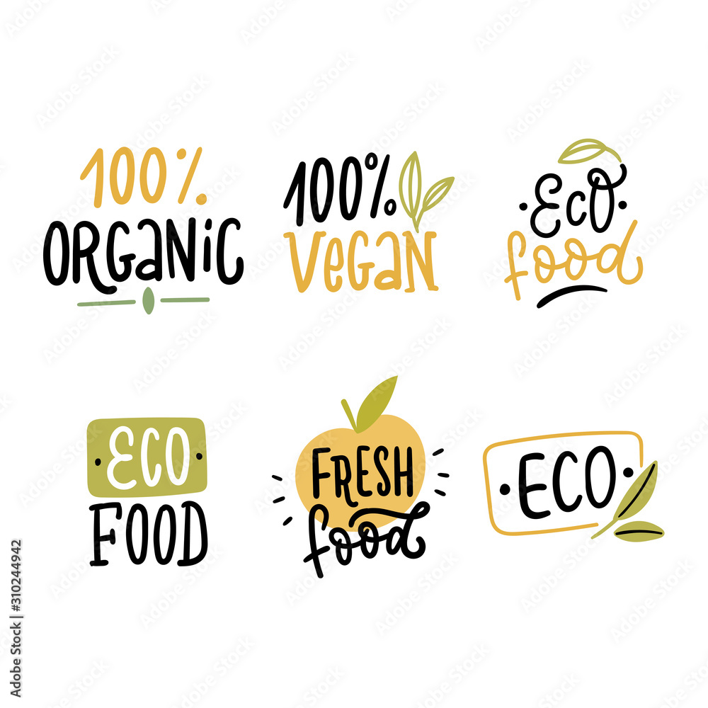 Set of hand written eco food logo. Eco, vegan stickers collection. Hand drawn lettering natural signs. Set of hand written eco food logo. Eco, vegan stickers collection. Hand drawn lettering natural signs.