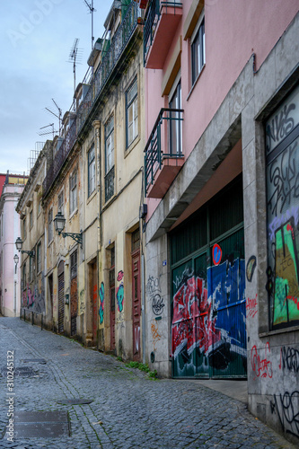 View of houses along street, Bairro Alto, Santa Catarina, Lisbon, Portugal