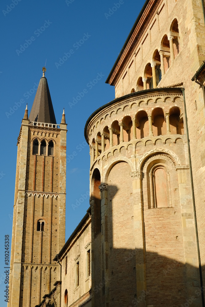 Cathedral of Parma Cathedral. Built in brick. Blue sky background.