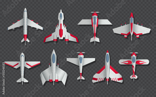 Airplanes and military aircraft top view set. 3d airliner and fighter vector icons. Airplane top view, air transport model illustration