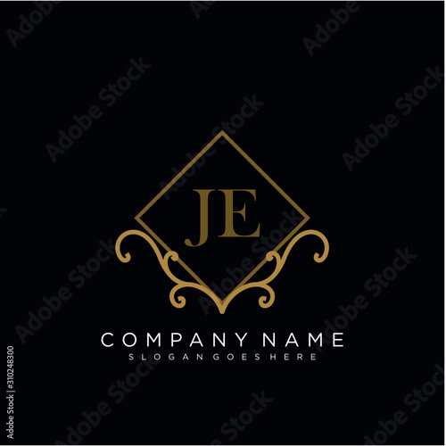 Initial letter JE logo luxury vector mark, gold color elegant classical 