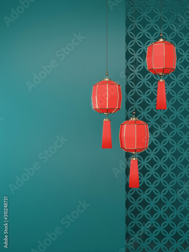 3D rendering of 2020 Chinese New Year. Red chinese lanterns hanging on the green wall background, luxury minimalist mockup. Year of the rat