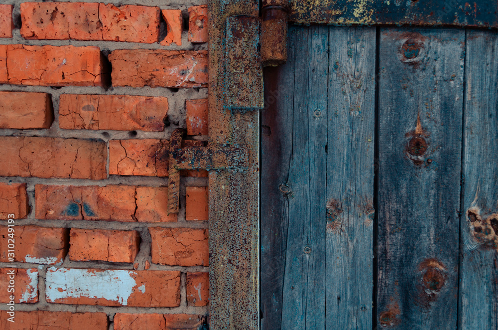 crush red brick wall texture and dark classic blue wood texture grunge background, old interior design, panorama of masonry pattern crush red brick wall texture and dark classic blue wood texture grunge background, old interior design, panorama of masonry pattern