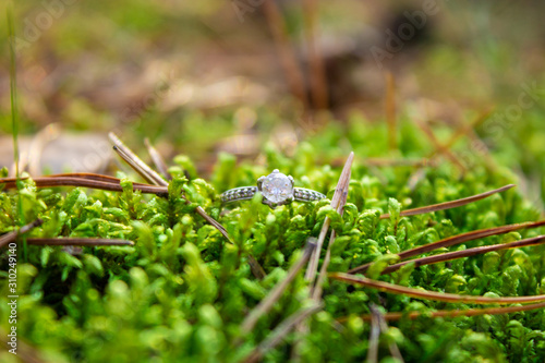 A diamond ring lies among green moss in the sun © Лилия Люцко