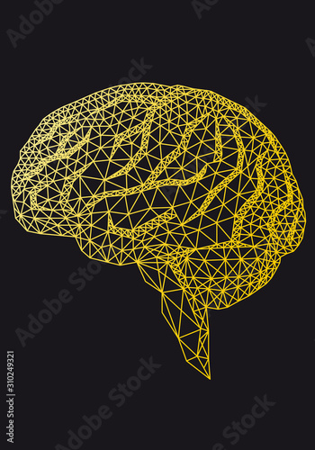 Gold human brain with geometric pattern, vector