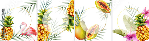 Big set of tropical invitation cards with flamingo, pineapple, papaya fruits and leaves. Place for text