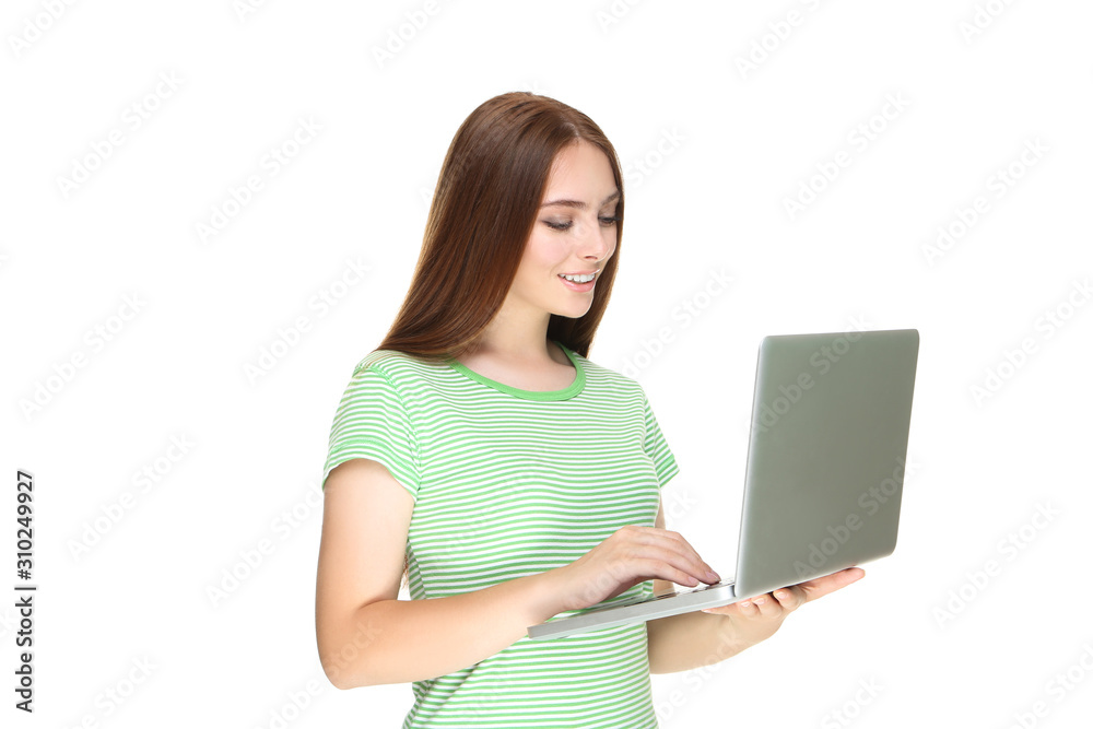 Young woman using laptop computer on white background Young woman using laptop computer on white background