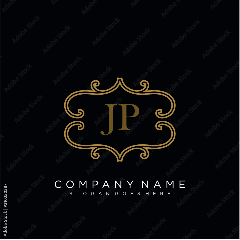 Initial letter JP logo luxury vector mark, gold color elegant classical