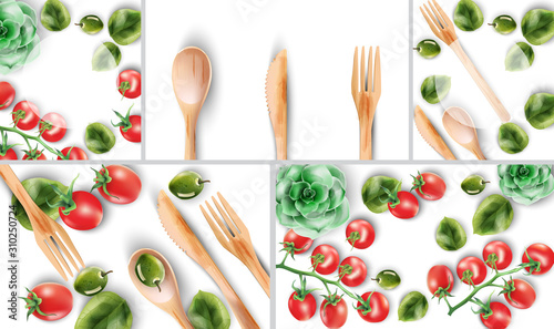 Big set of bamboo toothbrushes and eating cutlery with green leaves on white ...
