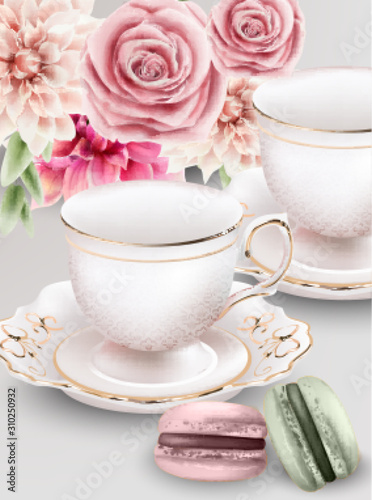 Watercolor composition with pink tea cups and macaroon sweets. Colorful flowers on background. Vector