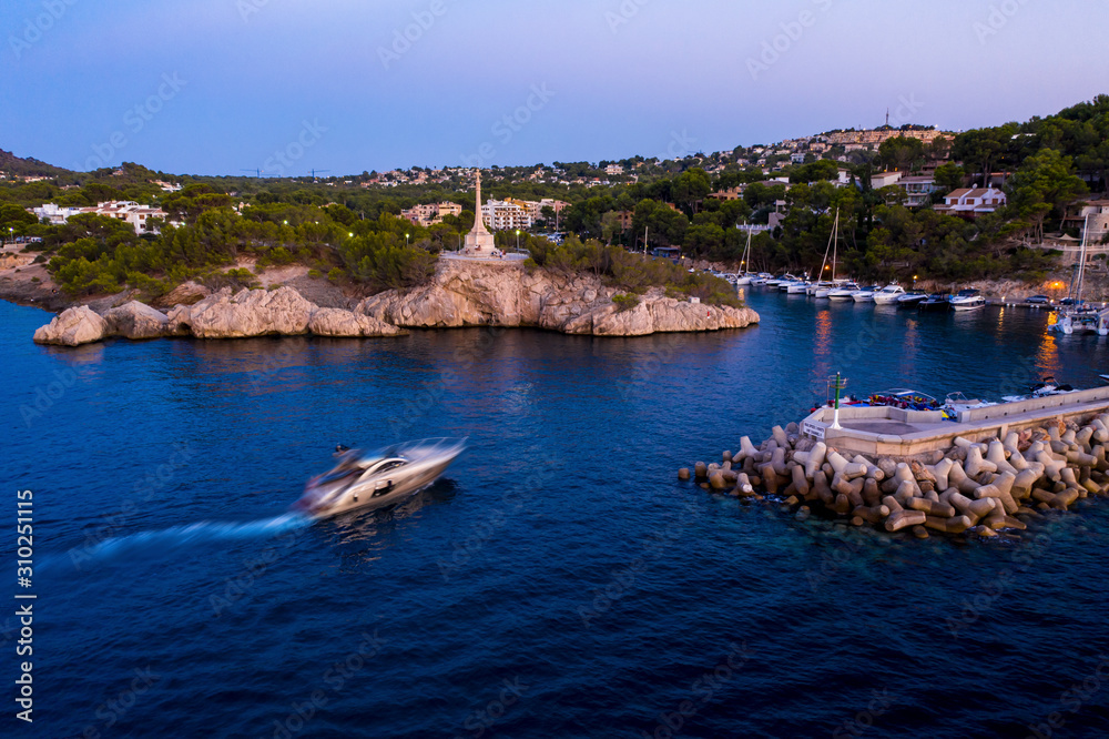 Fototapeta premium Aerial view over Costa de la Calma and Santa Ponca with hotels and beaches, Costa de la Calma, Caliva region, Mallorca, Balearic Islands, Spain