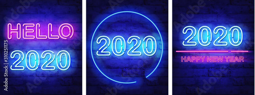 Big set of neon signs with welcome 2020 message. Bricks background. Pink and ...
