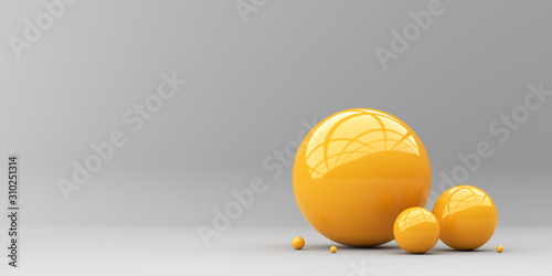 Abstraction for advertising. Yellow balls on a gray background. 3d rendering illustration.