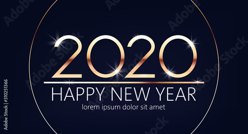 Shiny happy new year 2020 sign in a circle. Place for text. Winter holiday ve...