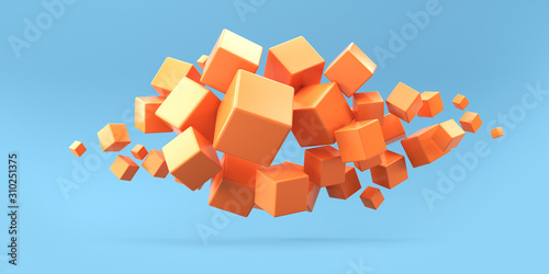 Flying orange cubes on a blue background. 3d render illustration.