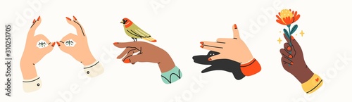 Tender female hands. Various nationalities. Different gestures. Hands with bird and flower. Shadow puppet barking dog. Hand drawn colored trendy vector illustration. All elements are isolated
