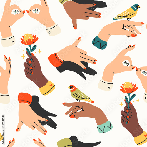 Tender female hands. Various nationalities. Different gestures. Hands with bird and flower. Shadow puppet barking dog. Hand drawn colored trendy vector illustration. Modern seamless pattern
