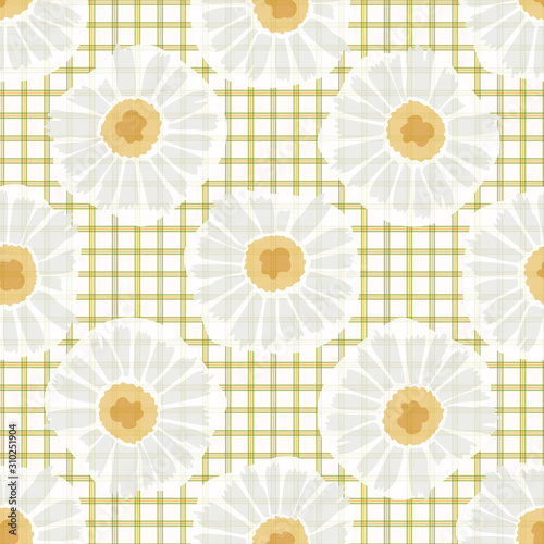 Chamomile Vector Daisy Wildflower Motif Background. Naive Margerite Flower Gingham Seamless Pattern on White. Spring Tartan Hand Drawn Textile. Summer Retro 50s Meadow Repeat Illustration.  EPS 10