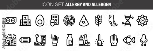 Allergy symptoms vector linear illustration. The most common allergens black on white line style icons set.