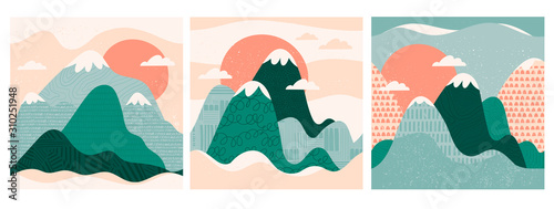 Mountain view. Mountains, hills, clouds, sun. Paper cut style. Flat abstract design. Scandinavian style illustration. Stamp texture. Set of three hand drawn trendy vector seamless patterns