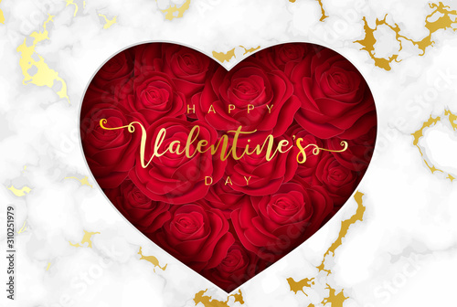 Heart with roses, love or Happy Valentine's Day for flyer ,poster, banner, card. marble background