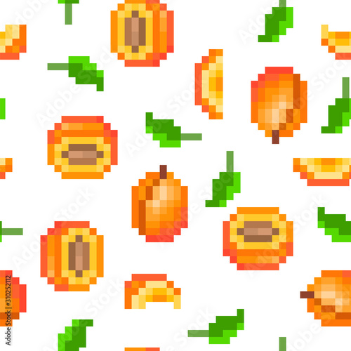 Seamless pattern with 8 bit pixel art apricot (uncut, cut in half, sliced) isolated on white background. Bright garden fruit print for menu, fabric, clothing, food, cosmetics package design