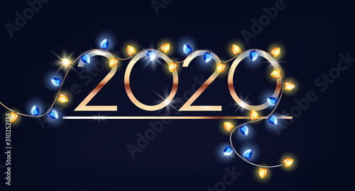 Happy new year 2020 sign with colorful fairy lights decorations. Vector