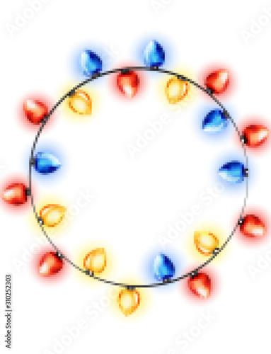 Colorful wreath of watercolor red, blue and yellow fairy lights. Winter holid...