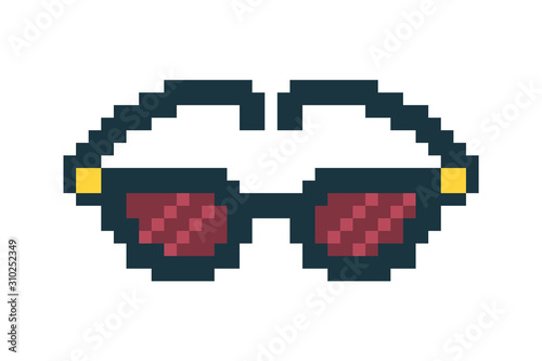 Women's cat eye shaped sunglasses, pixel art icon isolated on white background. 8 bit retro fashion accessory symbol. Old school vintage slot machine/video game graphics. Stylish female shades logo.