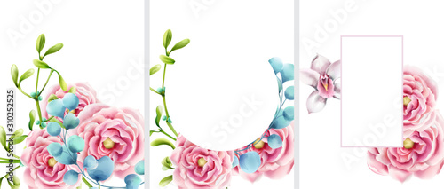 Big set of invitation cards decorated with garden roses and green leaves. Pla...