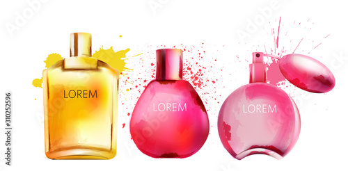 Watercolor set of perfume bottles. Splashes of yellow and pink colors. Vector