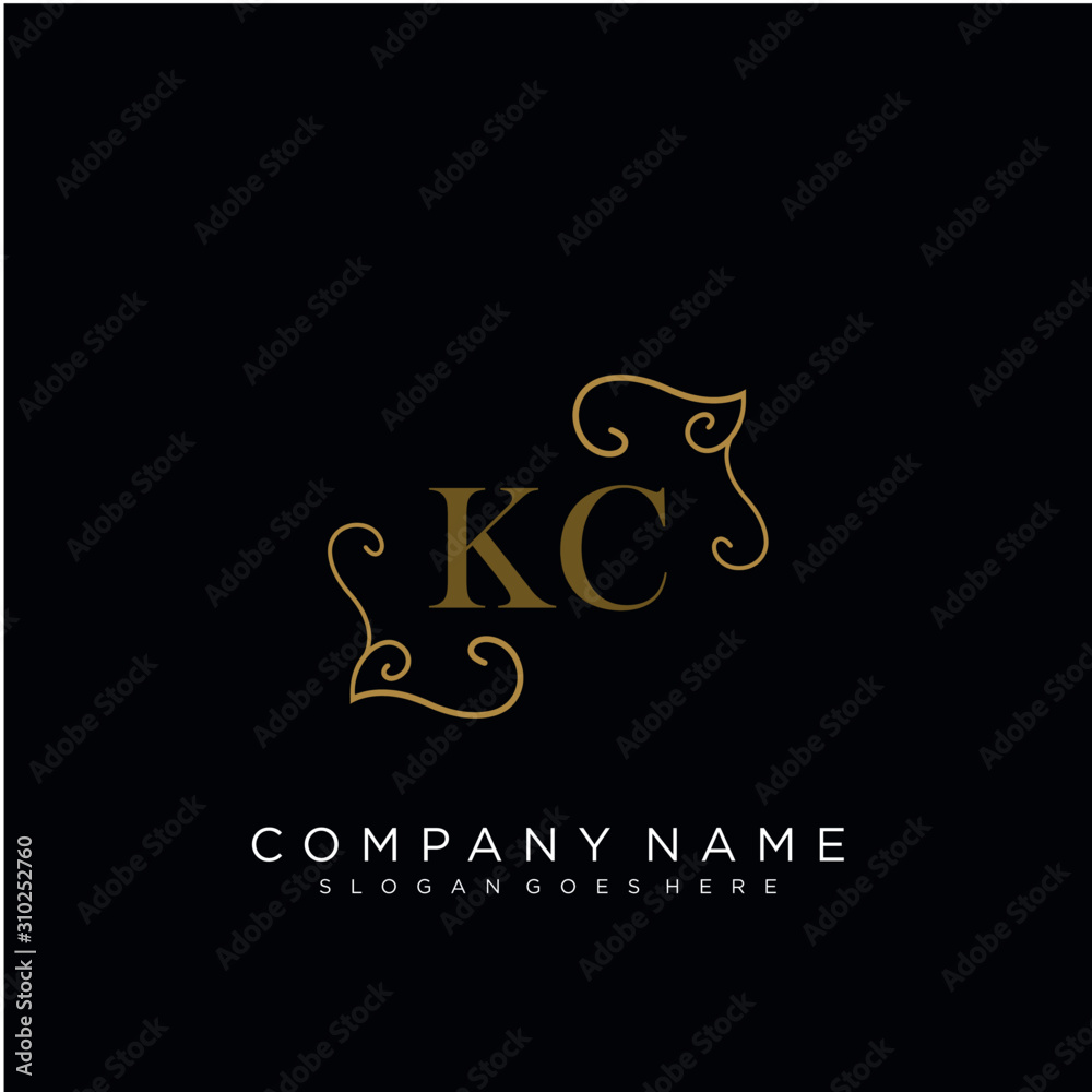 Initial letter KC logo luxury vector mark, gold color elegant classical