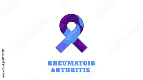 Rheumatoid arthritis awareness animation. Blue and purple ribbon made in 3D paper cut and craft style on white background. Medical concept. Motion graphics.