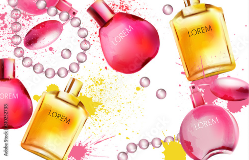 Watercolor set of perfume bottles. Splashes of yellow and pink colors. Beads decorations. Vector