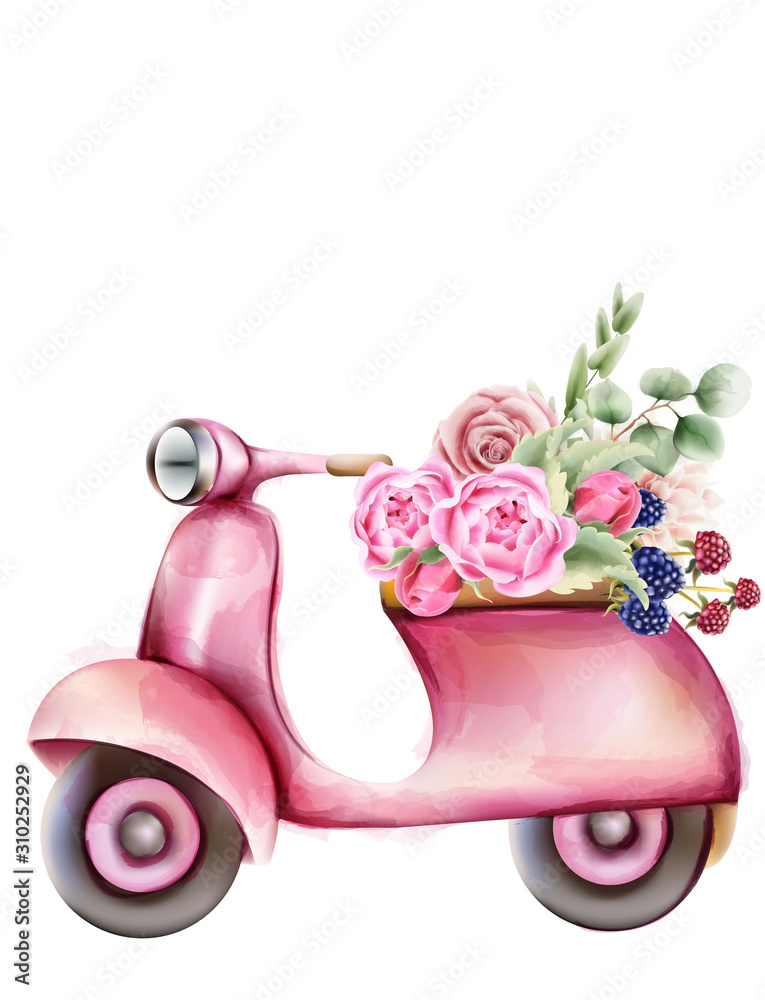 Vespa style pink scooter with flowers in the trunk. Watercolor vector Stock  Vector