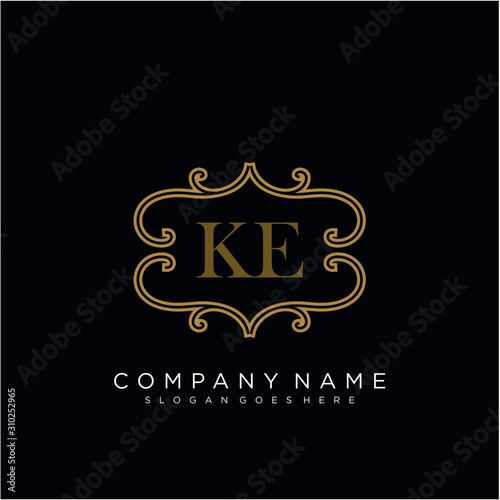 Initial letter KE logo luxury vector mark, gold color elegant classical