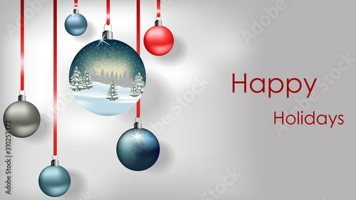 Happy holidays colorful baubles hanging on red ribbon. Winter forest reflecti...