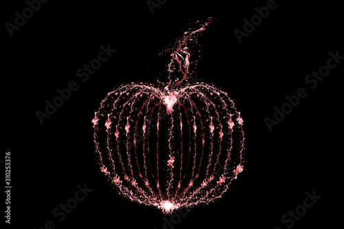 There is heart like apple made of different colors water (red, pink, orange) on the black background