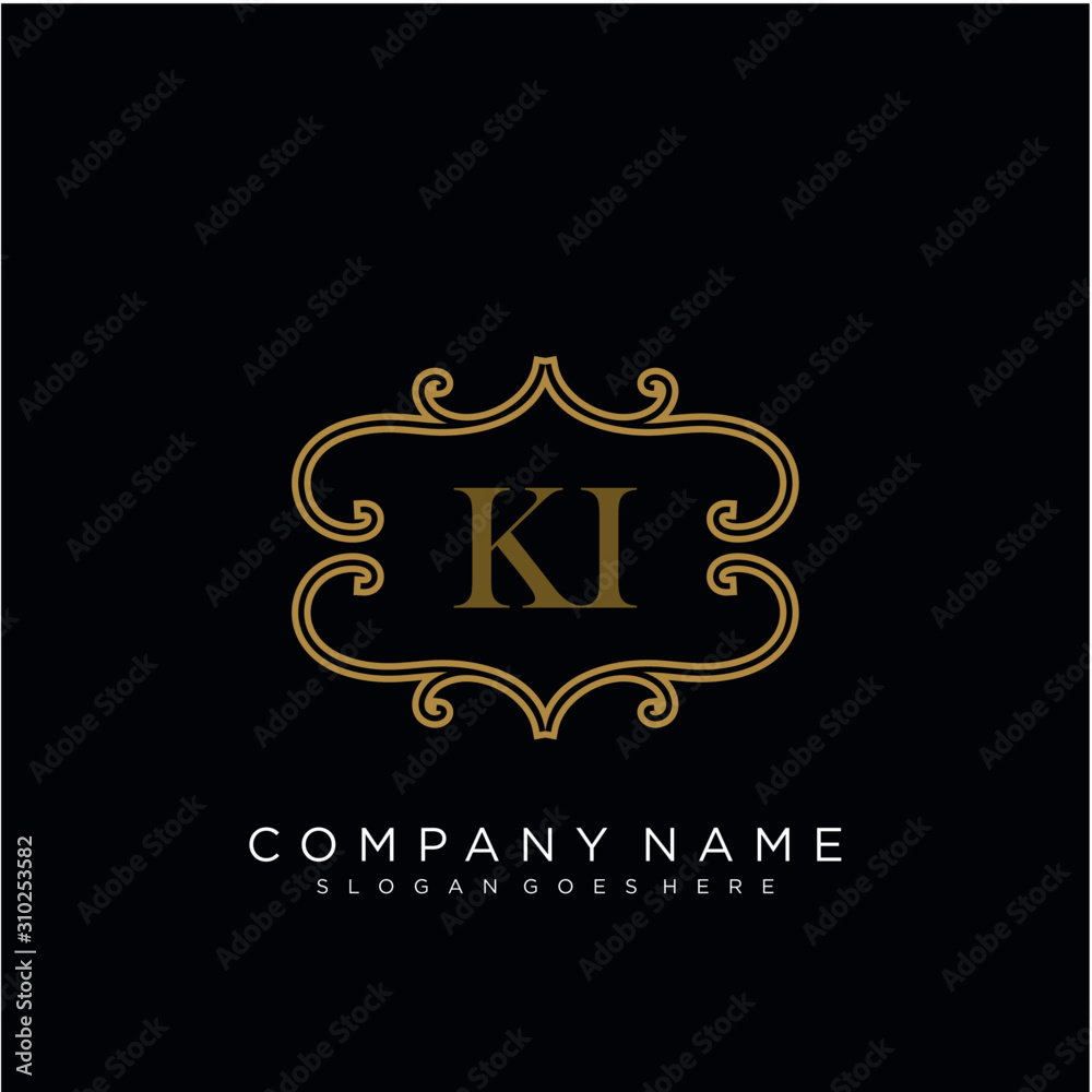 Initial letter KI logo luxury vector mark, gold color elegant classical