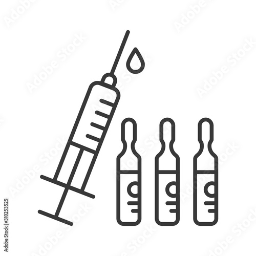 Syringe for injection with liquid black line icon. Anti-aging procedure concept. Pictogram for web, mobile app, promo. UI UX design element. Editable stroke.