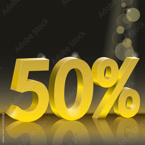 Discount 50 percent off. Golden numbers on black background. Poster to announce sales. 