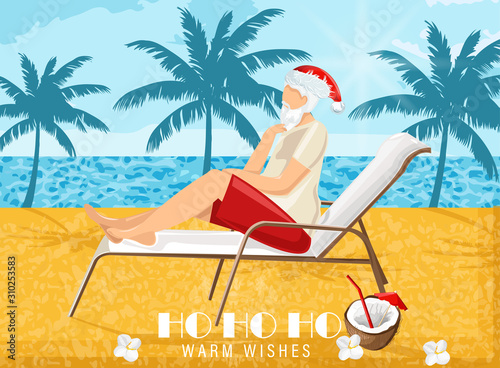 Santa Claus relaxing on sunbed in warm season. Drinking coconut cocktail. Palms and blue ocean on background. Vector