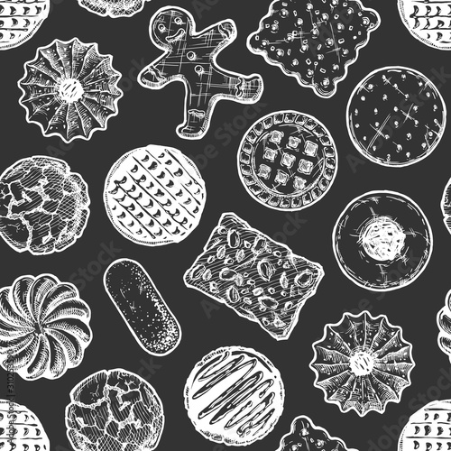 seamless pattern with different tasty cookies.