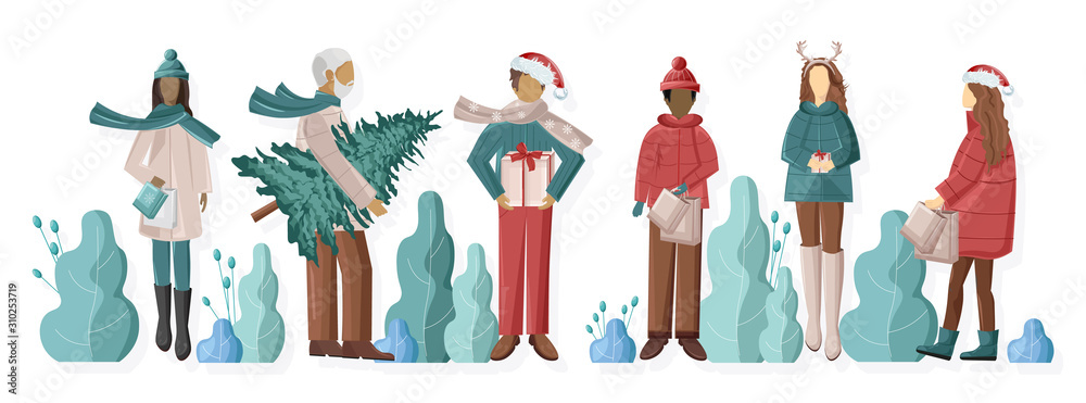 Fototapeta premium Set of Men and Girls dressed in winter holidays outfit. Holding christmas tree, gift boxes and shopping bags. Vector