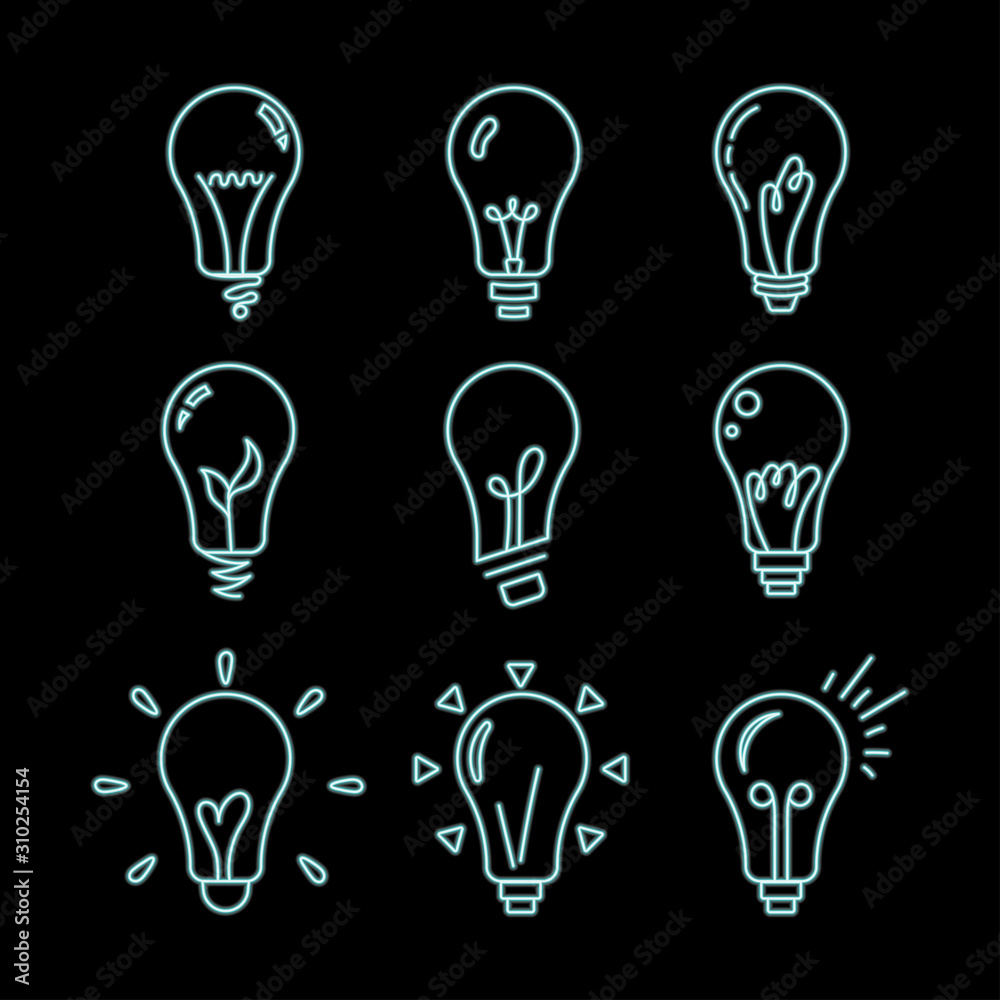Set of Nine Light Bulbs neon sign vector. Light Bulbs Design template neon icon, light banner, neon signboard, light symbol. Vector illustration Set of Nine Light Bulbs neon sign vector. Light Bulbs Design template neon icon, light banner, neon signboard, light symbol. Vector illustration
