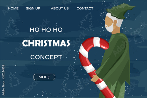 Christmas site concept with green elf holding lollipop. Blue background with ...