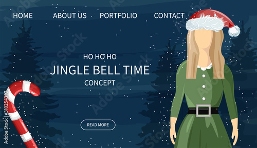 Secret santa site concept with green female elf and lollipop decoration. Blue...