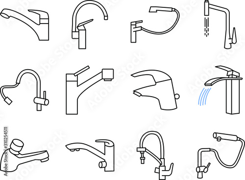 Set of vector water tap or faucet icons.  Water tap for sink. Vector illustration