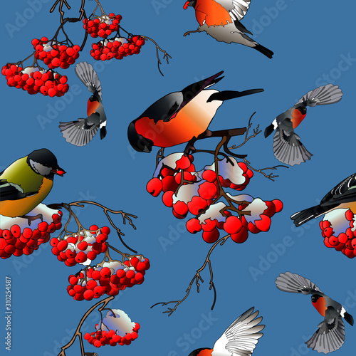 Seamless winter pattern. Can be used for wallpaper, pattern fills, web page background, surface textures. Birds and mountain ash. Vector illustration on a blue background.