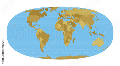 World Map. Waldo R. Tobler's hyperelliptical projection. Map of the world with meridians on blue background. Vector illustration.